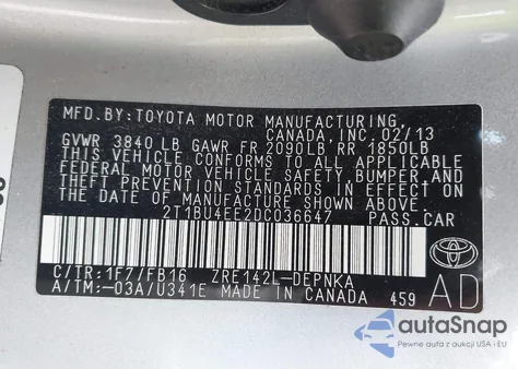 2013 Toyota Corolla Le z USA, uszkodzony, nr VIN 2T1BU4EE2DC036647